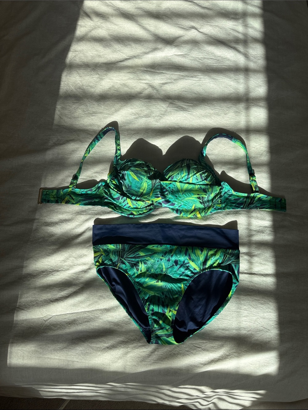 Soma Green Leaf Print Bikini Set with Navy Accents